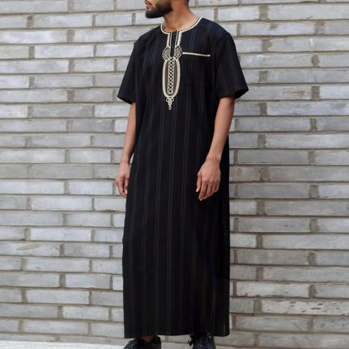 男士黑袍宽松刺绣民族服饰复古大褂大码礼服长衫Men Robe Dress