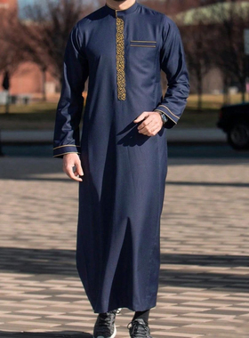 阿联酋迪拜长袍男士迪拜刺绣长袍民族服饰大码宽松阿拉伯袍子男袍