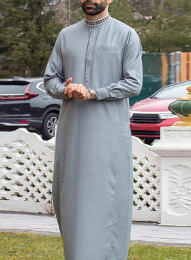 Muslim Men Thobe四季宽松立领长袖刺绣民族风大码礼拜服男袍长袍