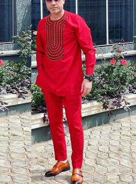 Kaftan Suit Set Outfits非洲迪拜男套装上衣裤子传统休闲两件套