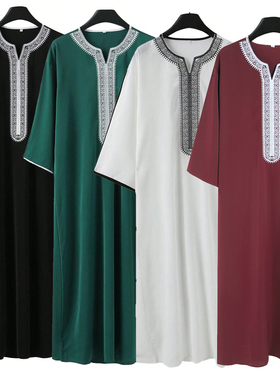 Muslim Men Thobe Gown迪拜阿拉伯男士长袍摩洛哥宽松刺绣礼拜服