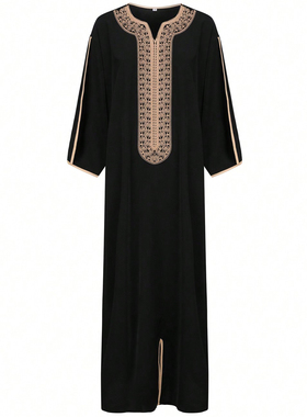 中东男士长袍刺绣民族服饰迪拜阿拉伯衬衫宽松Muslim Men Thobe