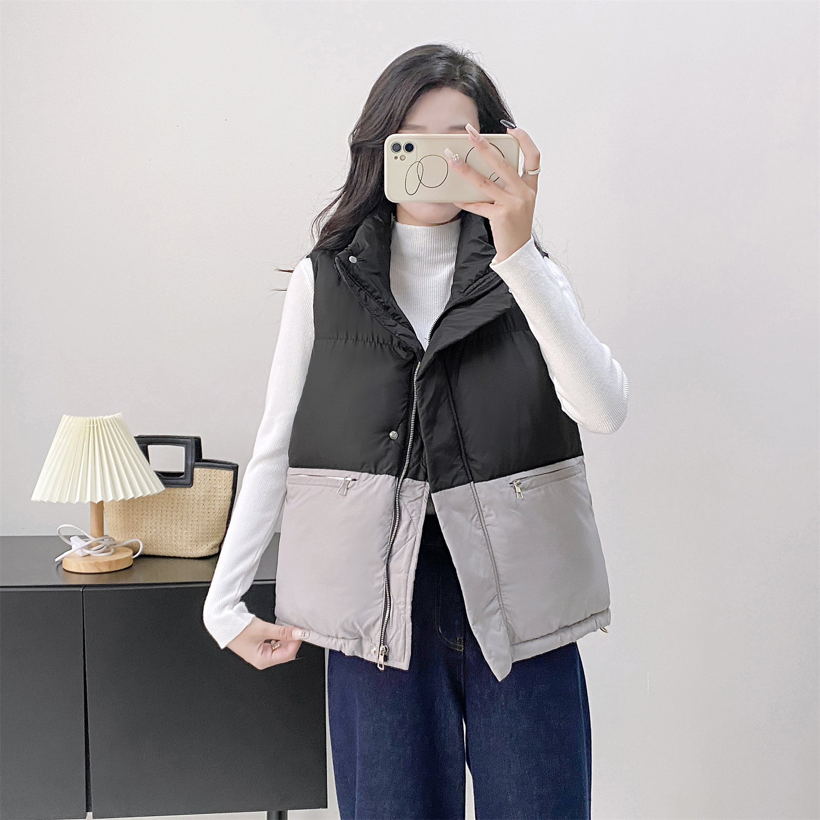 拉链通勤常规立领拼色