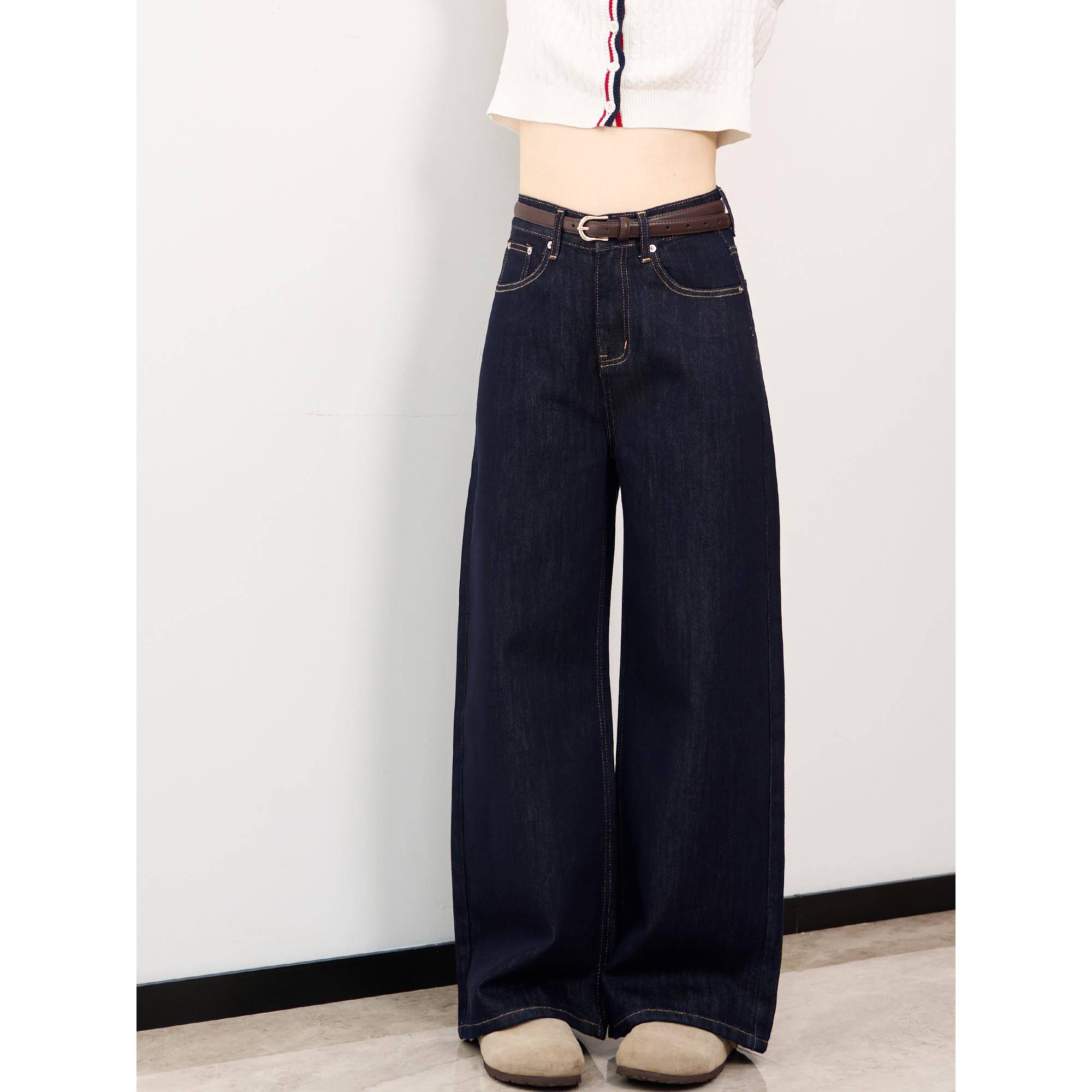 深色松弛感阔腿牛仔裤女早秋高腰显瘦宽松梨形身材遮胯韩系直筒裤