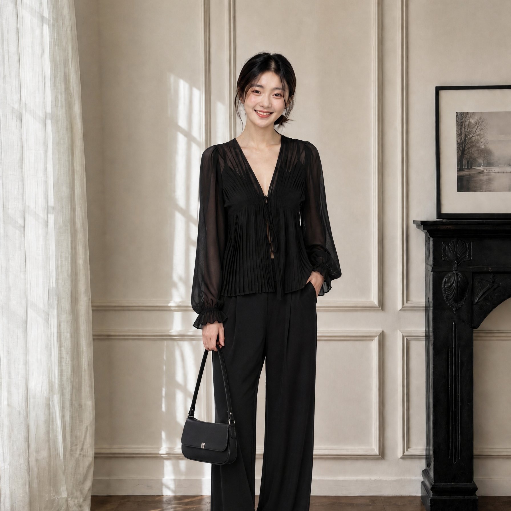 Gakee official 花苞袖吊带雪纺两件套女夏季手工压褶收腰深V衬衫
