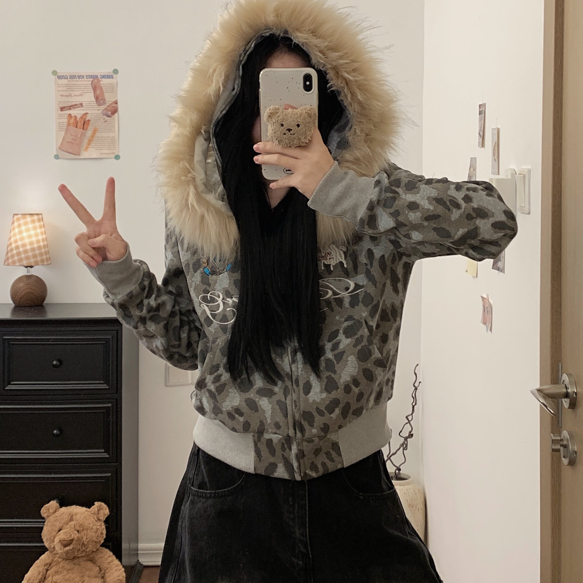 实拍豹纹毛领连帽卫衣外套女春秋短款美式复古拉链开衫上衣潮