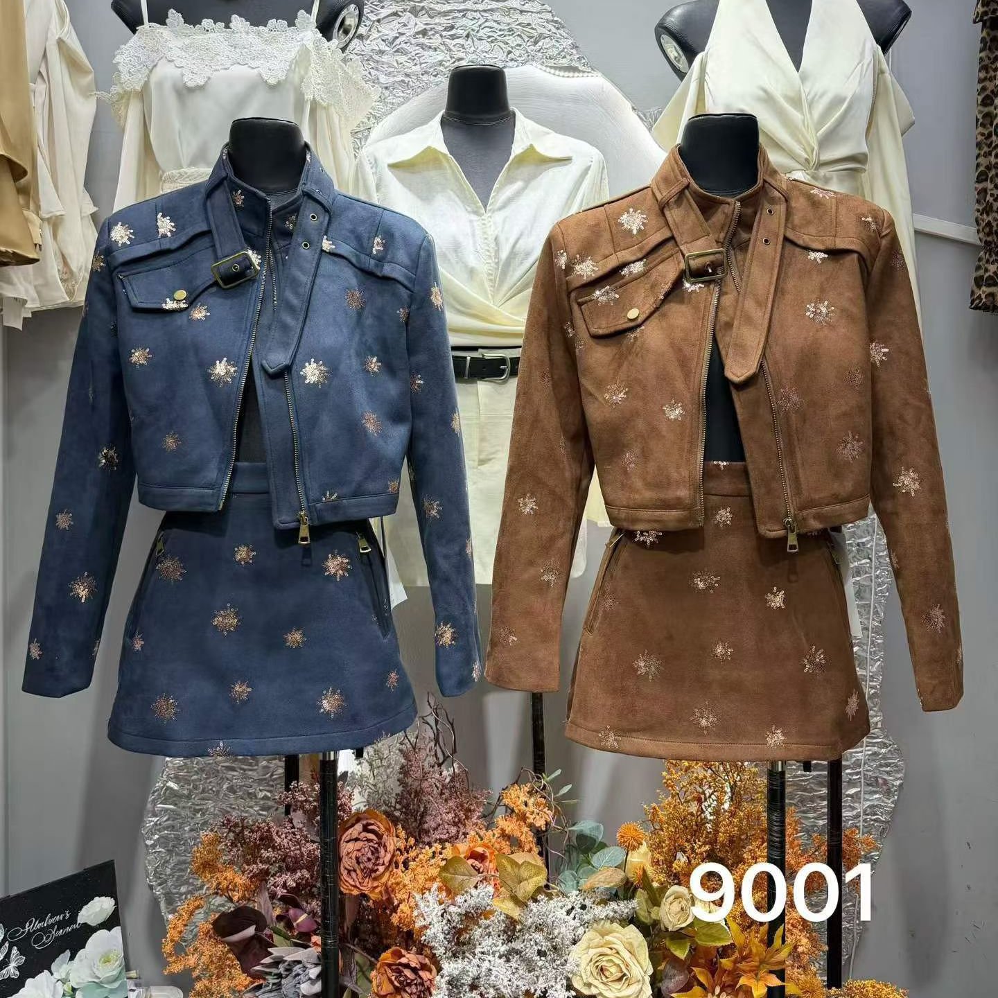 欧洲站套装女2026春秋新款刺绣chic复古麂皮绒外套百褶短裙两件套