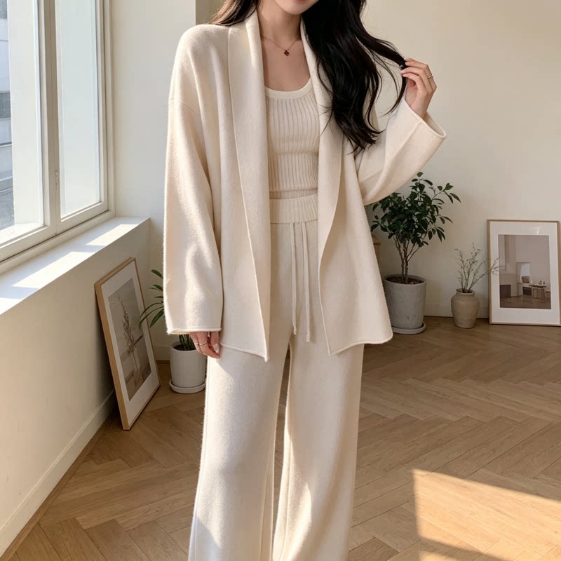 实拍简约v领毛衣开衫外套搭配一整套女秋休闲高腰针织阔腿裤套装