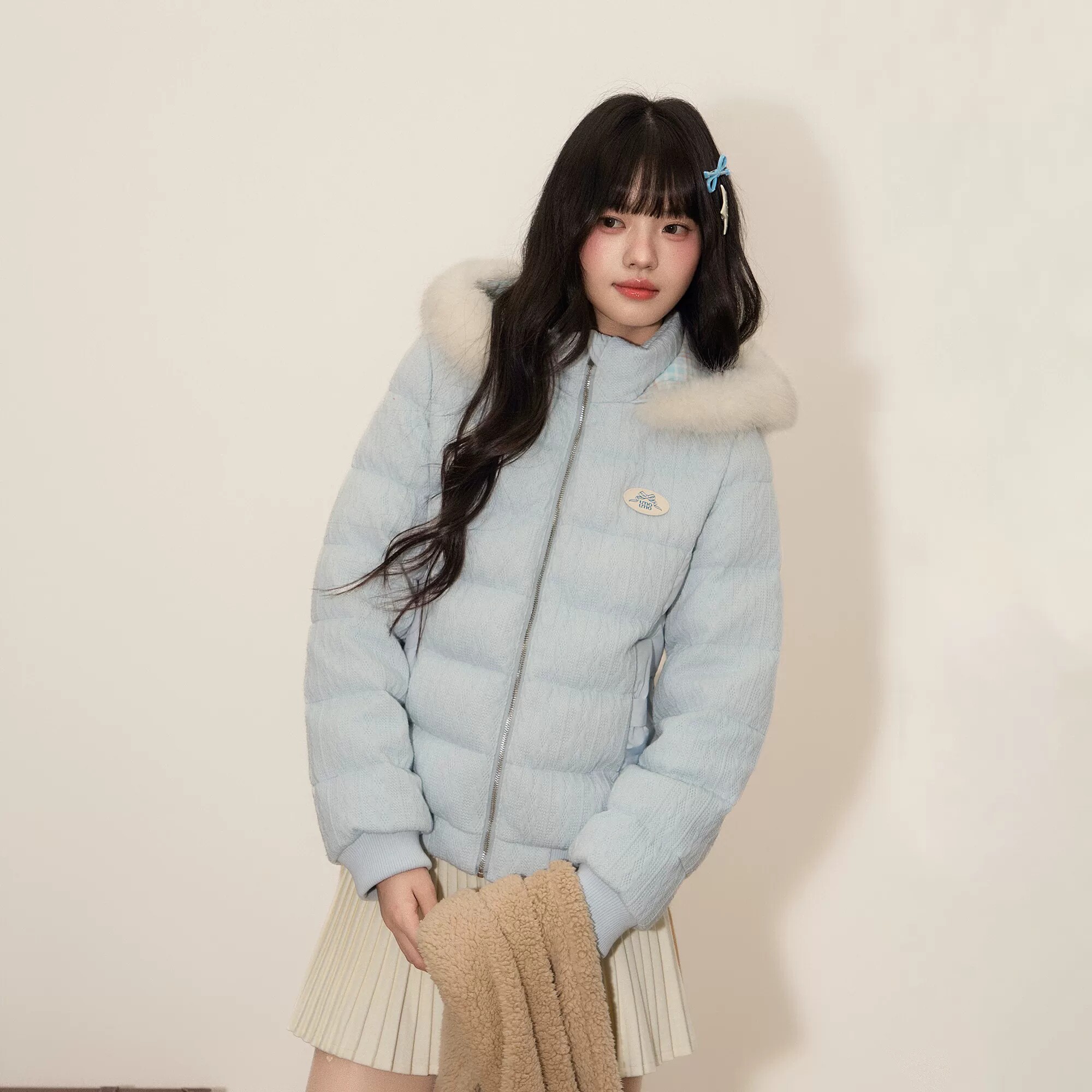 umoumo乌蘑温柔百搭小个子棉衣绞花毛织拼接连帽毛领收腰外套女