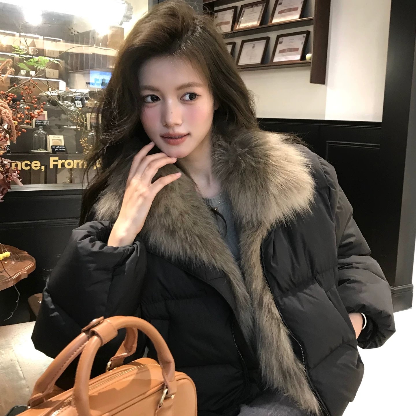 学院拼接短款羽绒棉服女仿狐狸毛领宽松加厚小个子韩版面包服外套