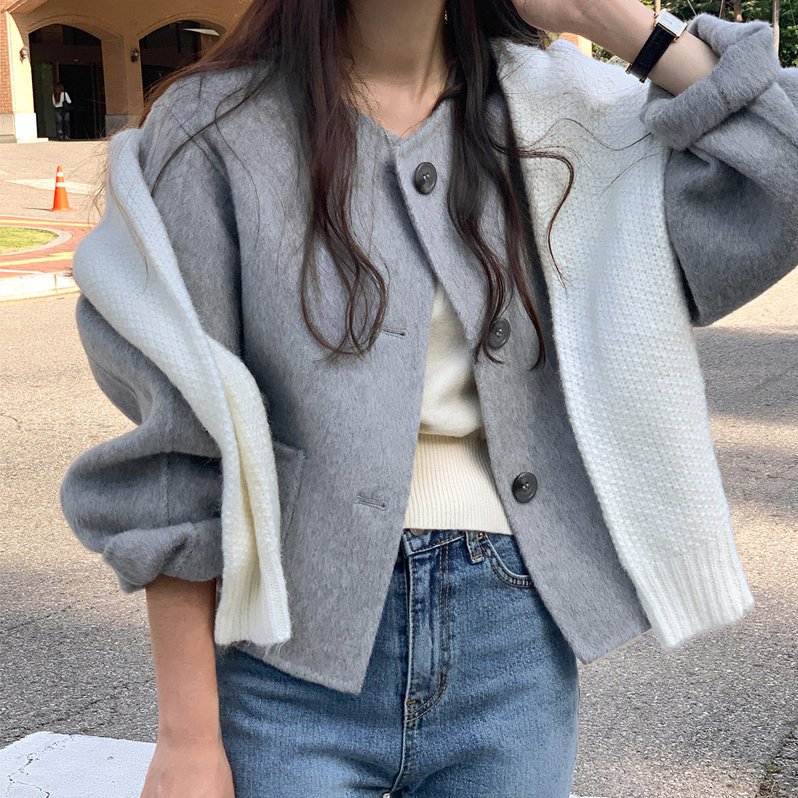 尺寸已更新 韩国chic 冬季小众圆领毛呢短款外套