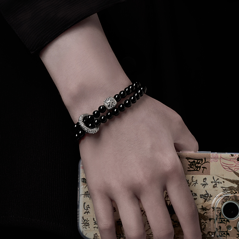 【天然8A黑曜石】足銀轉運珠