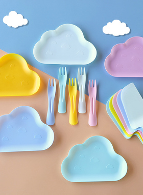 一次性生日蛋糕刀叉盘套装烘焙餐具盘叉组合餐盘碟子塑料白色云朵