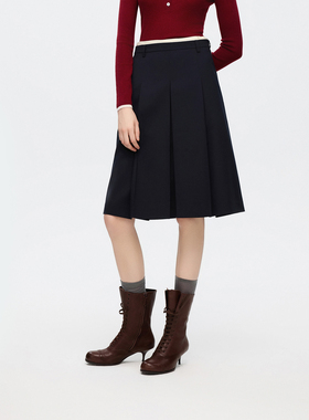 朗姿欧洲EiLEEN ELITEE羊毛半身裙高腰A摆压褶2025年秋季新款