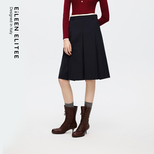 新款 朗姿欧洲EiLEEN ELITEE羊毛半身裙高腰A摆压褶2025年秋季
