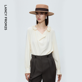 新款 女压褶设计感ol通勤上衣女冬季 复古荡领衬衫 朗姿25法式