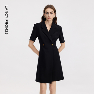 新款 连衣裙气质通勤短裙2026年夏季 西装 朗姿平驳领收腰赫本风短袖