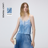 朗姿法式 新款 浪漫优雅蓝色设计感蕾丝拼接无袖 小背心2026年春季
