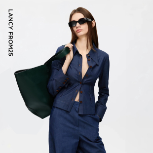 设计感通勤上衣复古风春秋新款 朗姿25纯棉尖领双腰袢牛仔衬衫 时尚