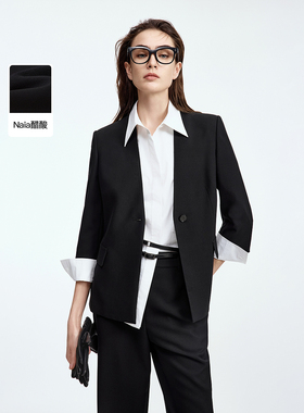 朗姿醋酸七分袖黑色无领西装外套高级感通勤西服2025年秋季新款女