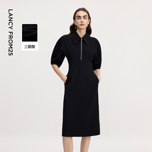 新款 朗姿25三醋酸收腰polo领气质黑色连衣裙夏季 Basic衣橱
