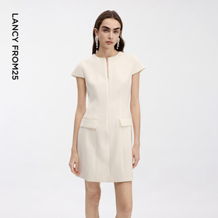 朗姿醋酸圆领收腰简约大气连衣裙优雅知性通勤裙子2026年夏季新款