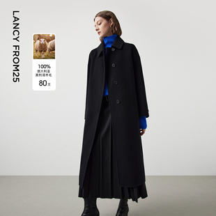 朗姿纯羊毛复古夹克式翻领双面呢大衣气质冬季新款中长款毛呢外套