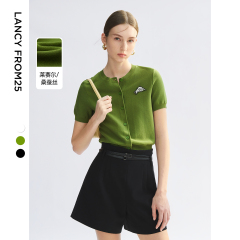 【拾月】朗姿2025年夏新款毛针织衫开衫莱赛尔黑色上衣毛衣高级感