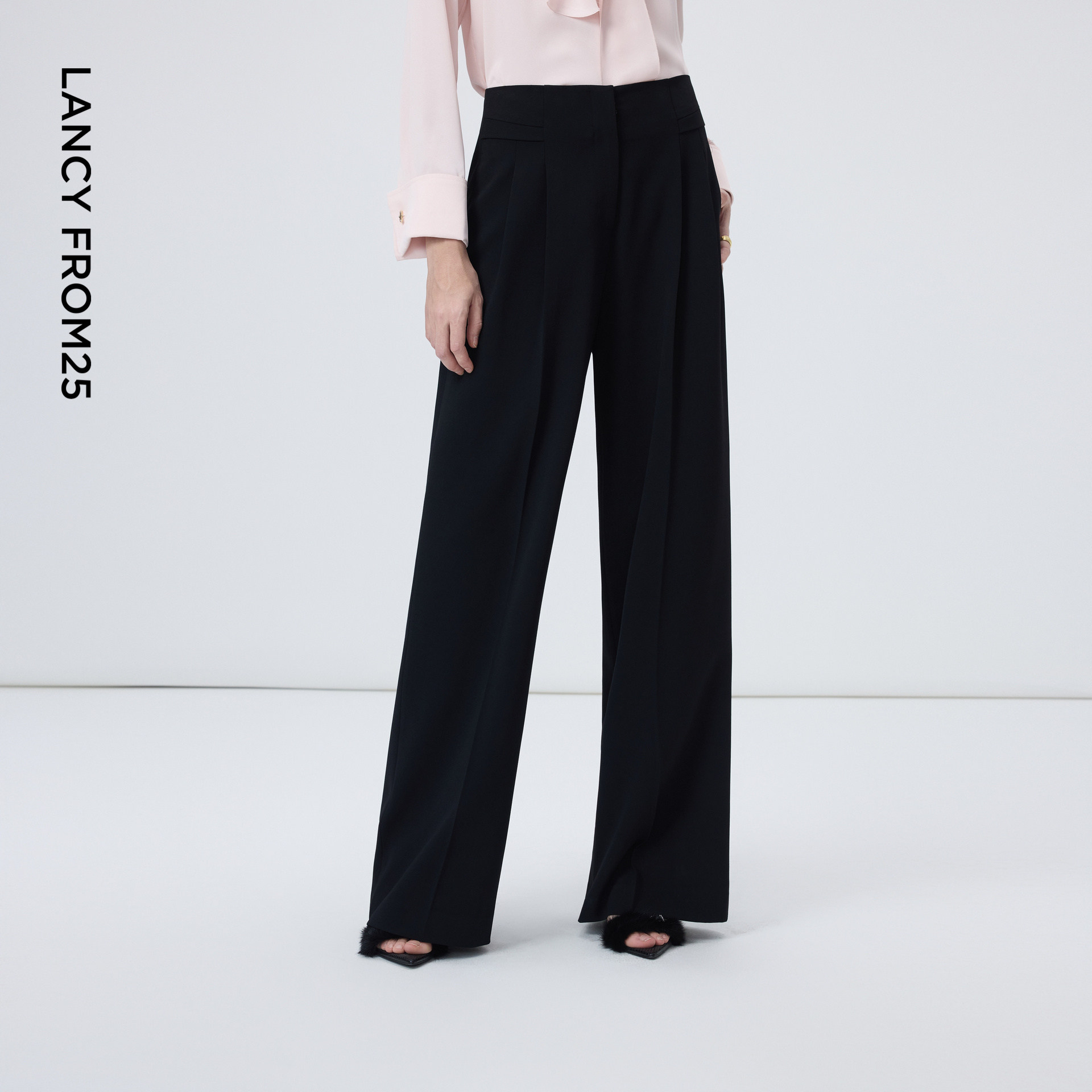 朗姿商务简约黑色宽松阔腿裤女直筒西裤OL职业裤2026年春季新款