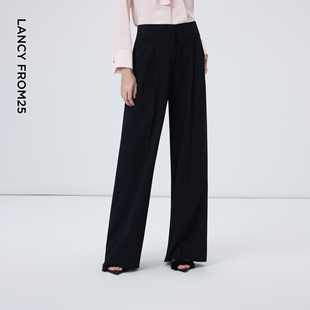 新款 朗姿商务简约黑色宽松阔腿裤 2026年春季 OL职业裤 女直筒西裤