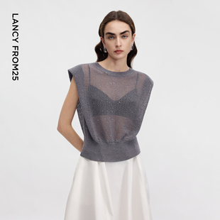 新款 朗姿25镂空闪片短袖 上衣2026年夏季 设计感气质通勤罩衫 针织衫