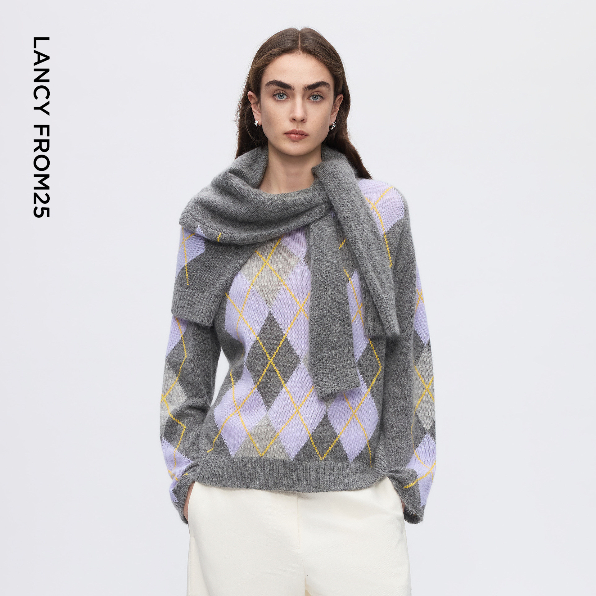 朗姿羊毛圆领菱格纹套头针织衫气质百搭通勤风毛衣2025年冬季新款,女装/女士精品,毛针织衫,淘宝优惠券,粉丝福利购,淘宝优惠卷