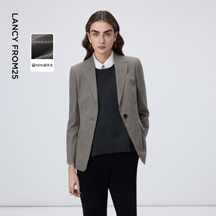 新款 朗姿25纯羊毛法式 设计感冬季 灰西服外套气质西装 复古格子修身