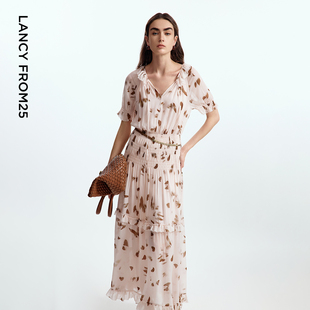 新款 朗姿荷叶边领粉色长裙度假气质2025年夏季 连衣裙 漾25系列