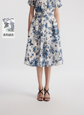 朗姿25法式气质a字高腰蓝色碎花半身裙伞裙夏季新款小众半裙时尚