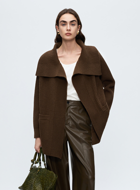 朗姿羊毛翻领宽松廓形针织开衫气质毛衣通勤OL上衣2025冬季新款女