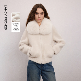 【朗姿25】狐狸毛领通勤短款仿皮草颗粒羊毛外套女2026年冬季新款