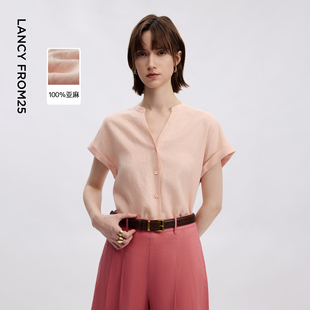 新款 朗姿25法式 休闲宽松圆V领上衣2026年夏季 衬衫 高级亚麻连肩袖