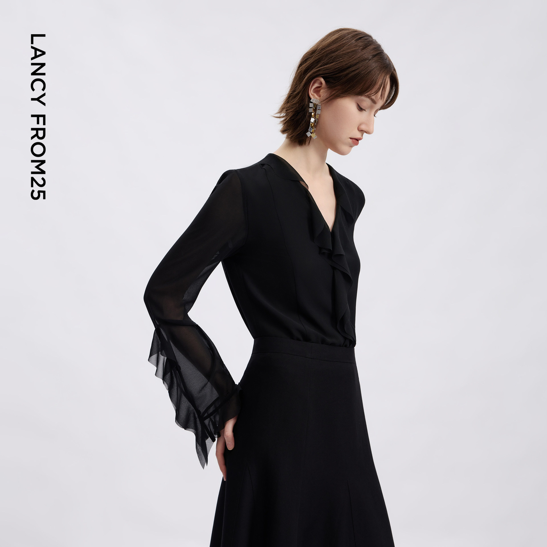 朗姿25荷叶边V领修身设计感雪纺衬衫优雅通勤衬衣2026年夏季新款