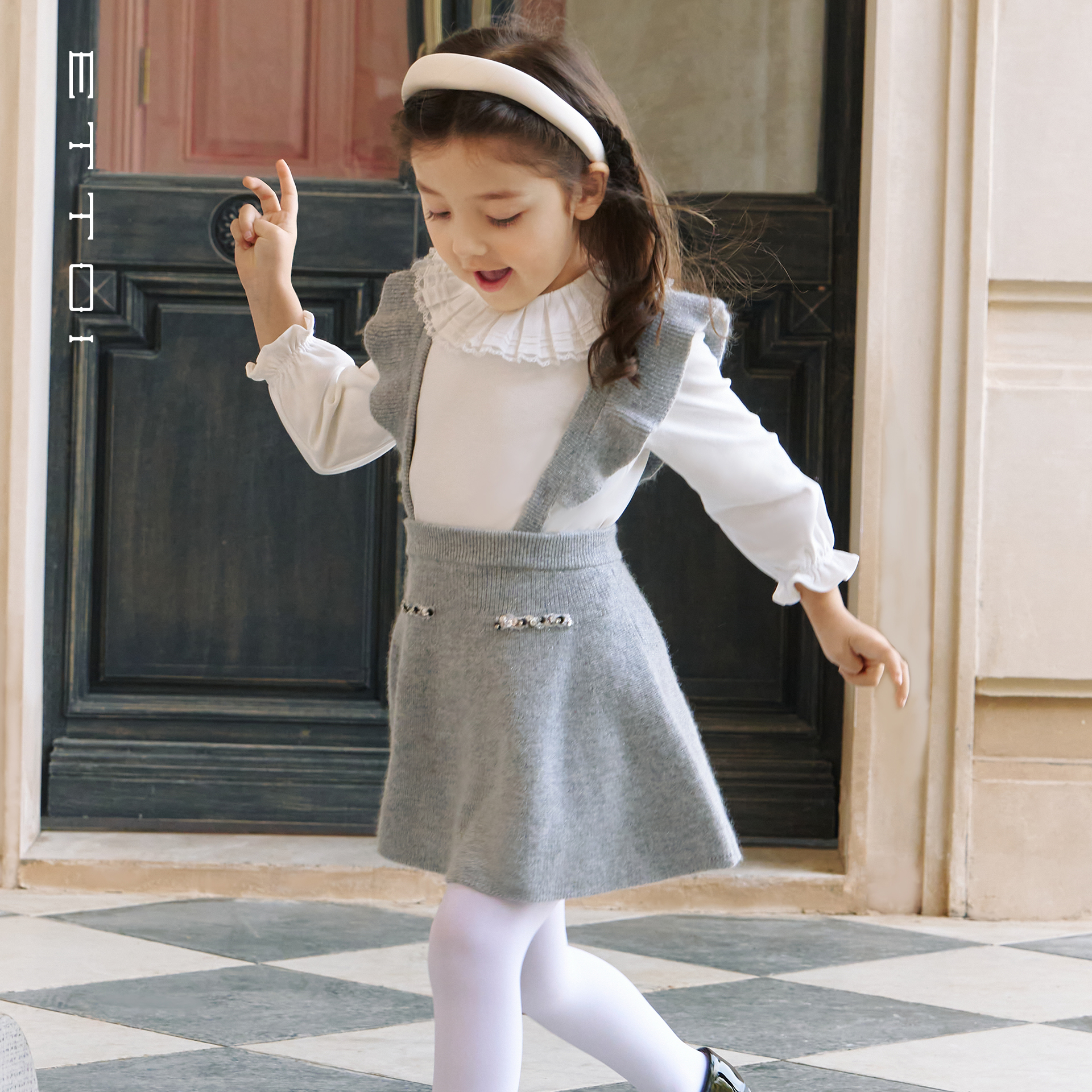 ETTOI爱多娃2025年秋季新款灰色千金风背带裙A字摆针织洋气半身裙