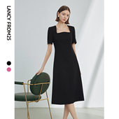 新款 朗姿法式 复古小香风方领气质裙子女2024年夏季 黑色粉色连衣裙