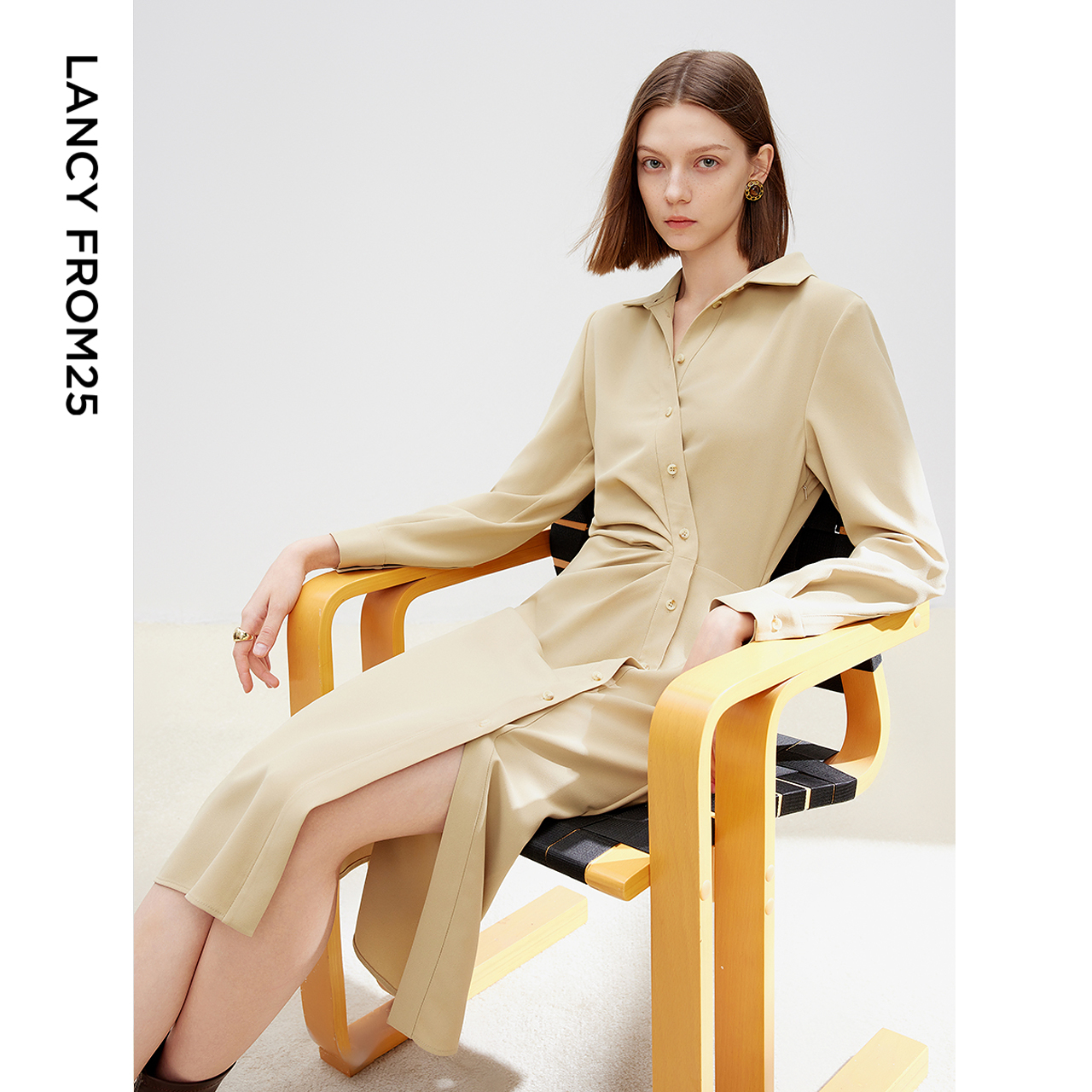 朗姿小黑裙衬衫裙气质高级感复古显瘦法式长裙2025年春新款连衣裙