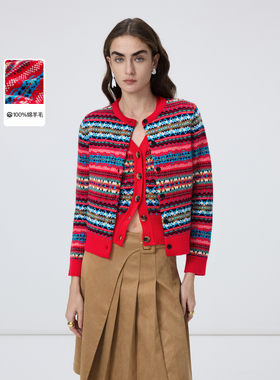 【MONEY HONG】朗姿纯羊毛圆领费尔岛针织开衫毛衣2026年春季新款