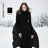 朗姿羊毛半高领修身 针织连衣裙通勤风气质优雅中长裙女2025年新款