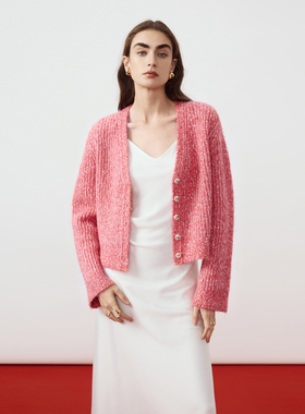 【MONEY HONG】朗姿V领红色新春时尚针织开衫外套2026年春季新款