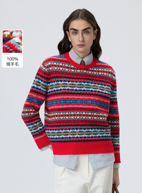 【MONEY HONG】朗姿纯羊毛圆领费尔岛毛针织衫叠穿内搭提花毛衣女