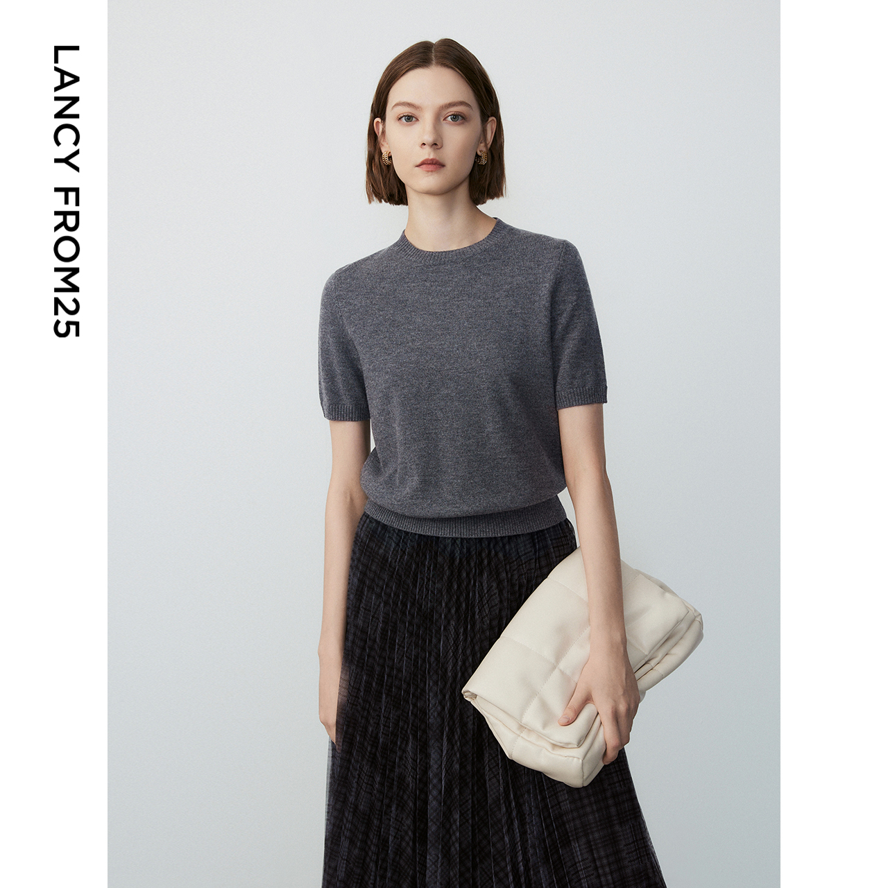 朗姿短袖上衣螺纹毛针织衫