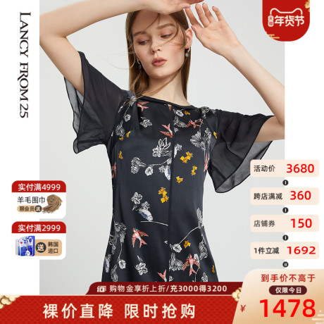 朗姿夏季新款高定款桑蚕丝黑色显瘦碎花真丝连衣裙专柜款商品大图