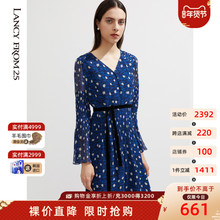朗姿不易皱广袖真丝裙2021年秋季新款蓝色收腰波点桑蚕丝连衣裙图片
