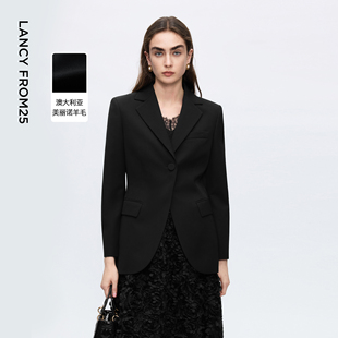女 新款 朗姿纯羊毛收腰黑色轻职场通勤西装 外套气质西服2025年冬季